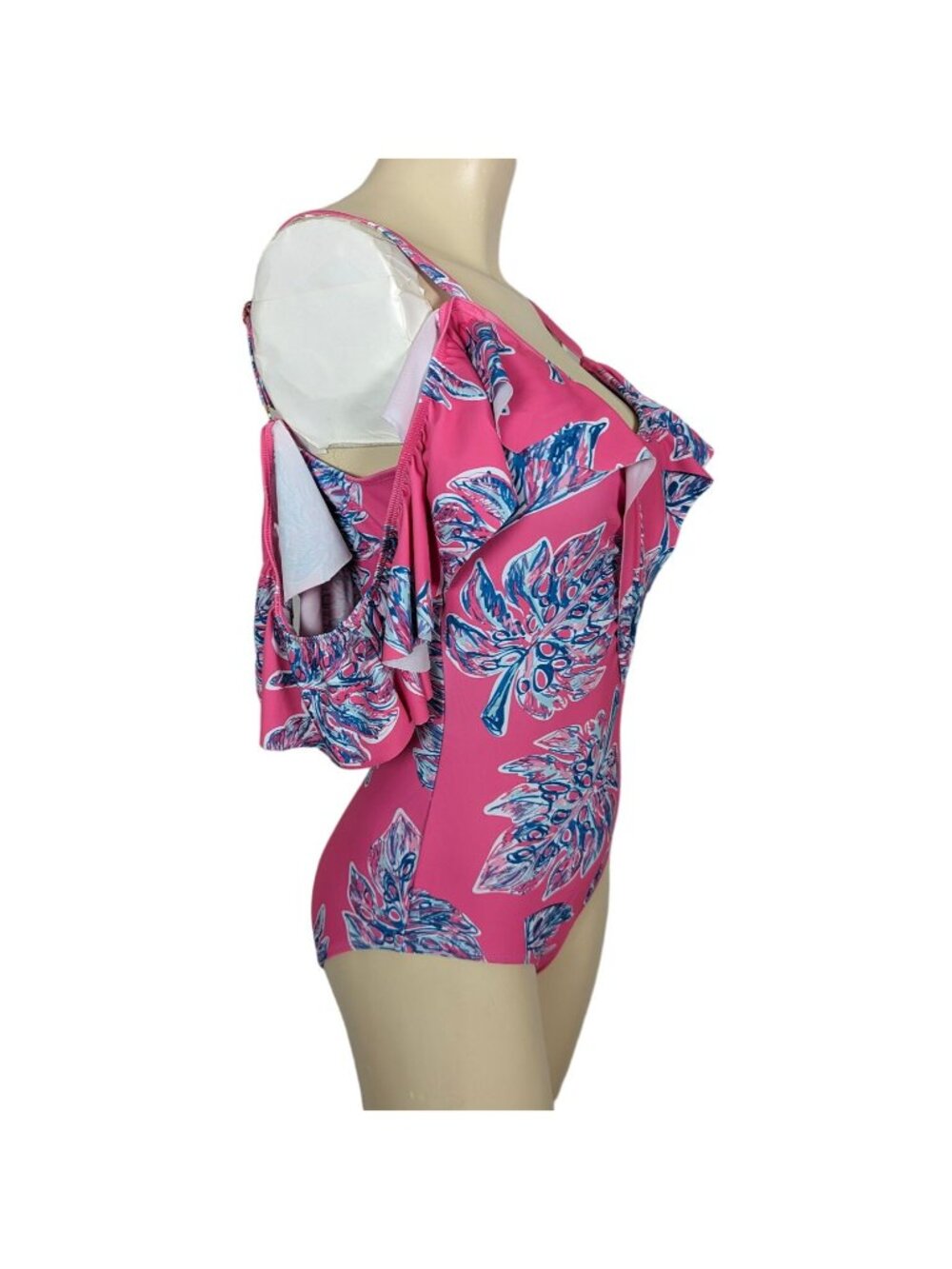 Nicole Miller One piece Leaves print pink blue cold shoulder ruffled Swimsuit S - Picture 4 of 13